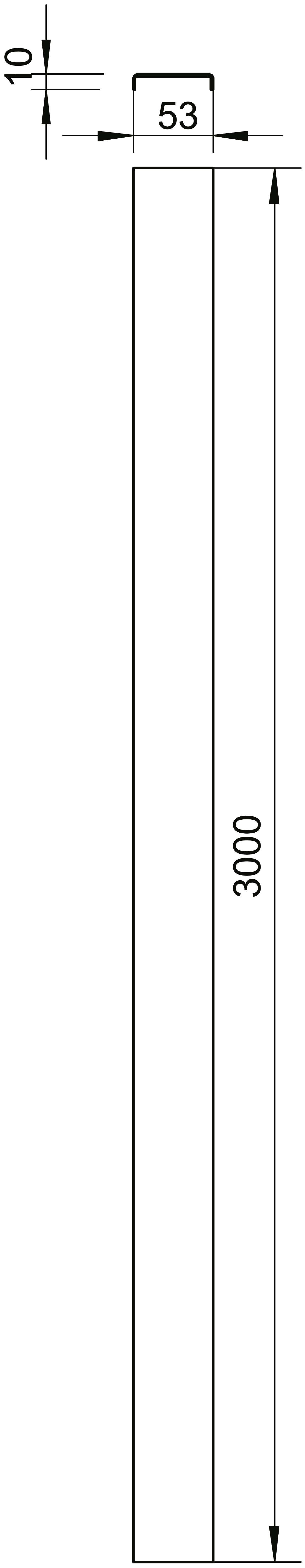 Technische Zeichnung eines Rohres, Höhe: 3000 mm, Breite: 53 mm. Darstellung ist maßstabsgetreu für Fertigungszwecke.