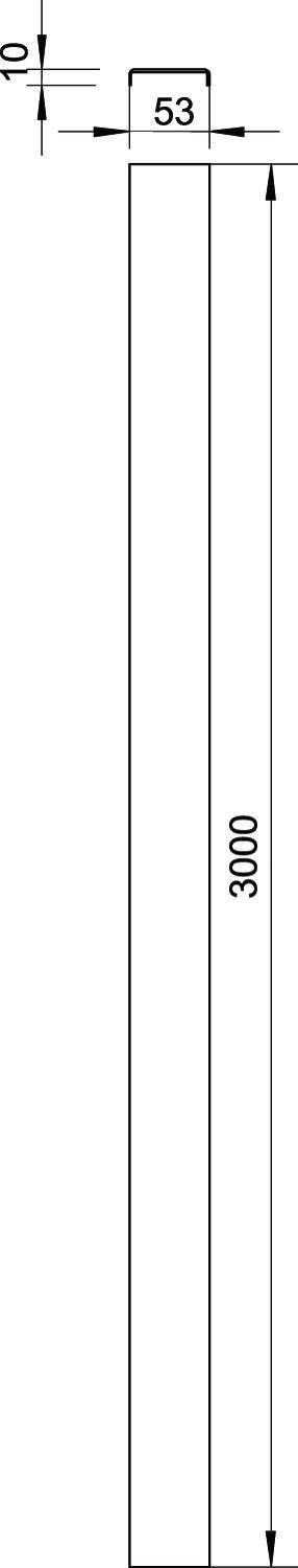 Technische Zeichnung eines Rechtecks mit der Länge 3000 mm und Breite 53 mm, beide Maße werden durch Pfeile und Linien hervorgehoben.