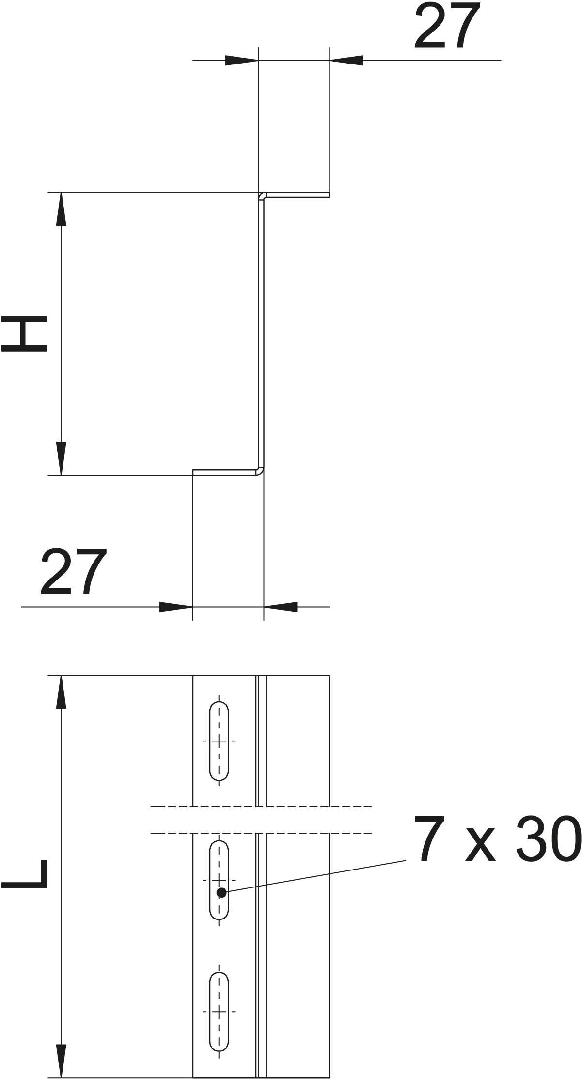 Technische Zeichnung eines Metallprofils mit Maßen: 27 mm Breite oben und unten, Höhe 'H', Länge 'L', Löcher für Schrauben.