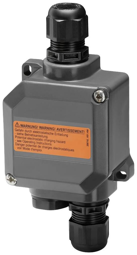 Schwarzes Gehäuse mit orangefarbenem Warnschild über elektrostatische Entladung, mit Kabelanschlüssen oben und unten.