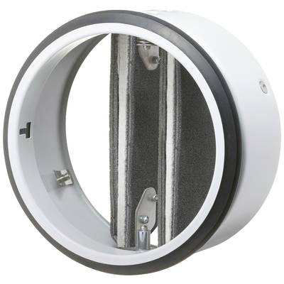 Ein weißer, runder, metallischer Lüftungsring mit Schaumstoffdichtungen und Halterungen auf der Innenseite, vor weißem Hintergrund.