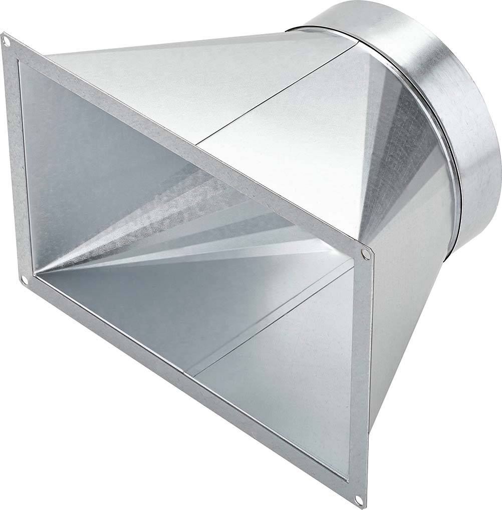 Metallischer Luftkanaladapter in konischer Form, der rechteckige mit runden Kanälen verbindet, typisch für HLK-Anwendungen.