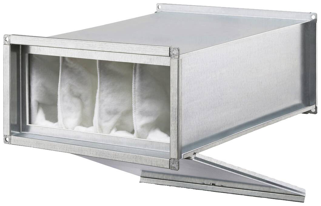 Ein rechteckiger Luftfilterkasten aus Metall mit mehreren weißen Filtertaschen, die für Lüftungssysteme verwendet werden.