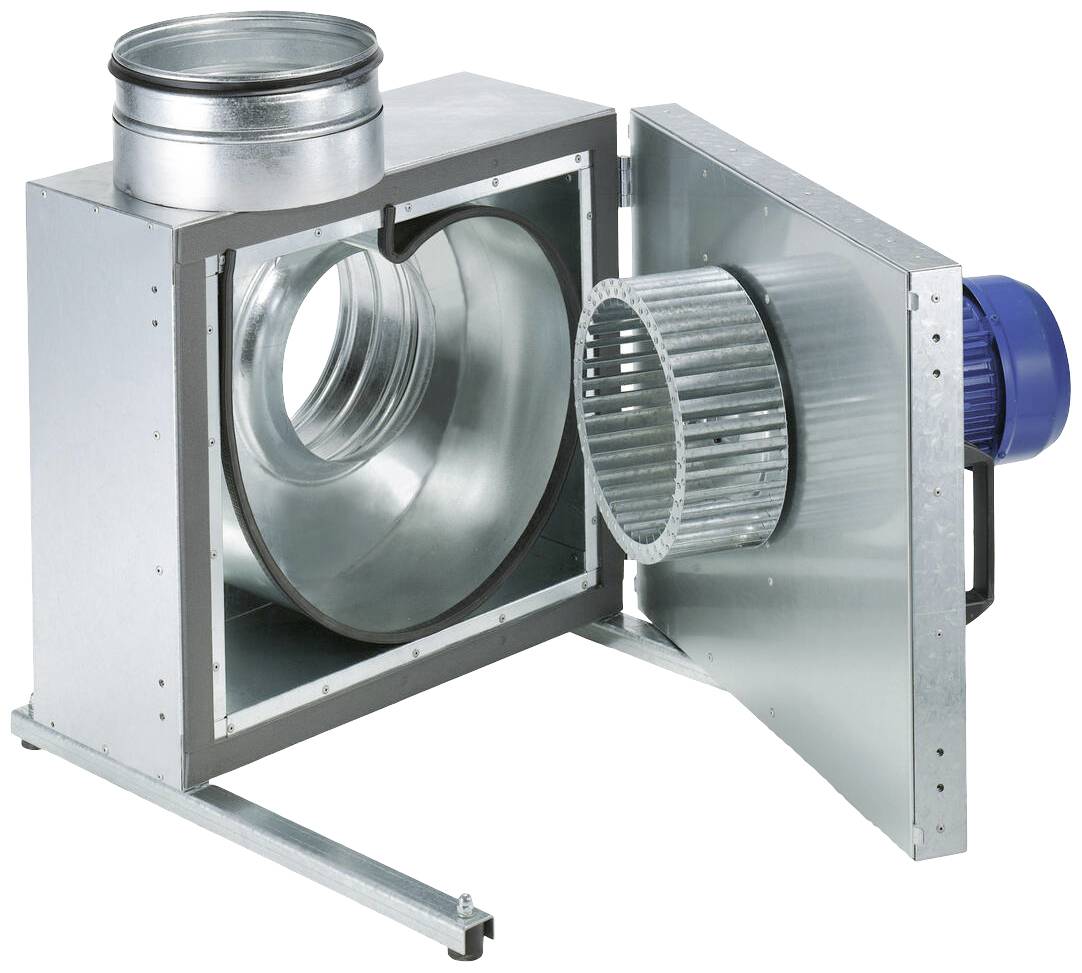 Metallischer Lüftungsventilator mit offenem Gehäuse, zylindrischem Rohr und Motor auf der rechten Seite; zeigt innere Mechanik.