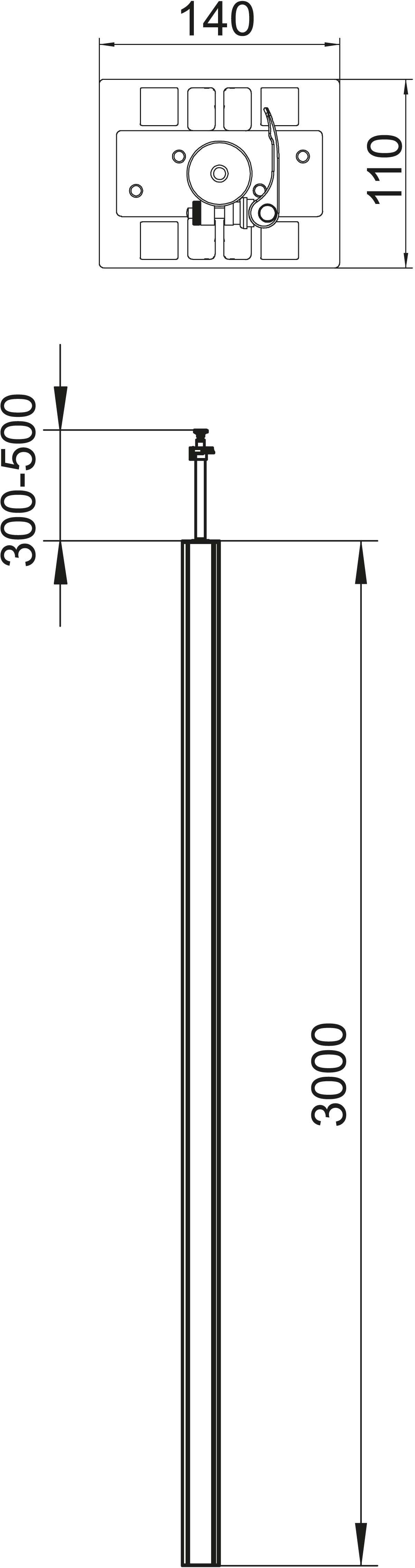 Technische Zeichnung eines Mastes mit Höhenangaben: Gesamthöhe 3000 mm, obere verstellbare Sektion 300-500 mm. Oben Detailansicht der Befestigung.