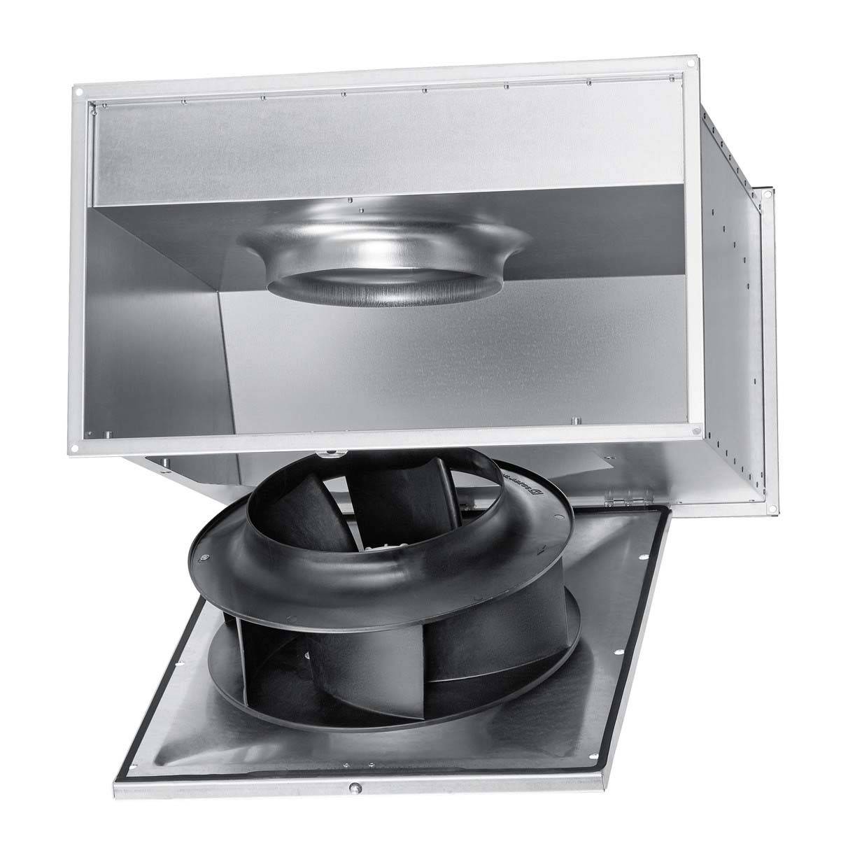 Ein rechteckiger Metalllüfter mit einem offenen, rotierenden Ventilator in der Mitte.