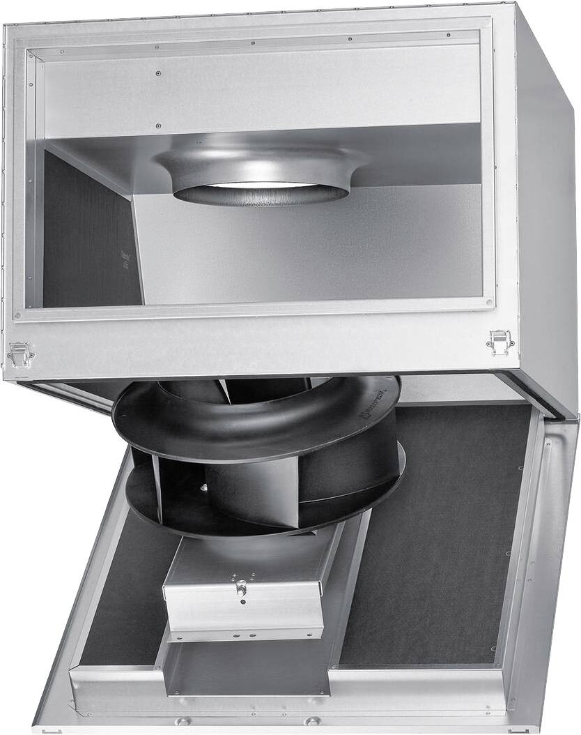 Industrieventilator mit silbernem Metallgehäuse und schwarzem Rotor. Geeignet für Lüftungs- und Klimaanlagen in großen Räumen.