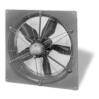 Ein quadratischer Ventilator mit schwarzem Schutzgitter und fünf Flügeln ist an einer Wand befestigt.