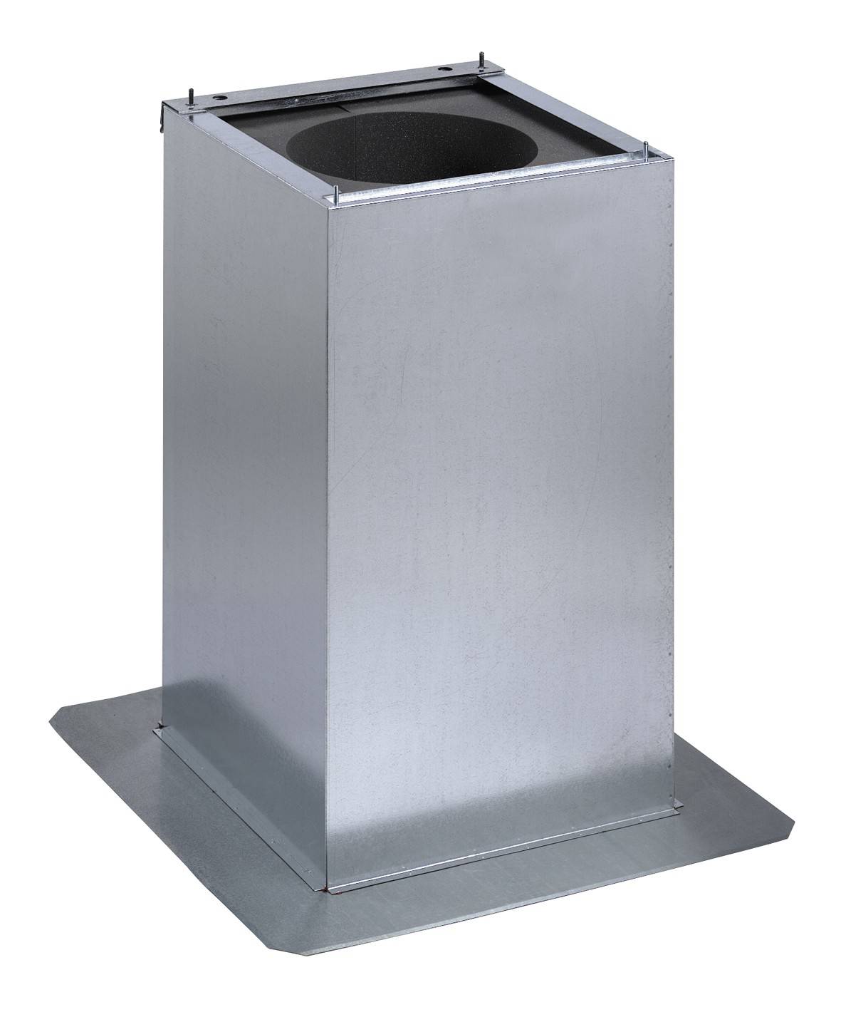 Rechteckiger Metallkasten mit quadratischer Basis und rundem Loch oben, möglicherweise ein Lüftungskanalbauteil.