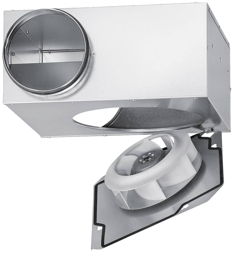 Metallischer Lüftungskanal mit abnehmbarem Ventilator, der zeigt, wie das System innen aufgebaut ist.