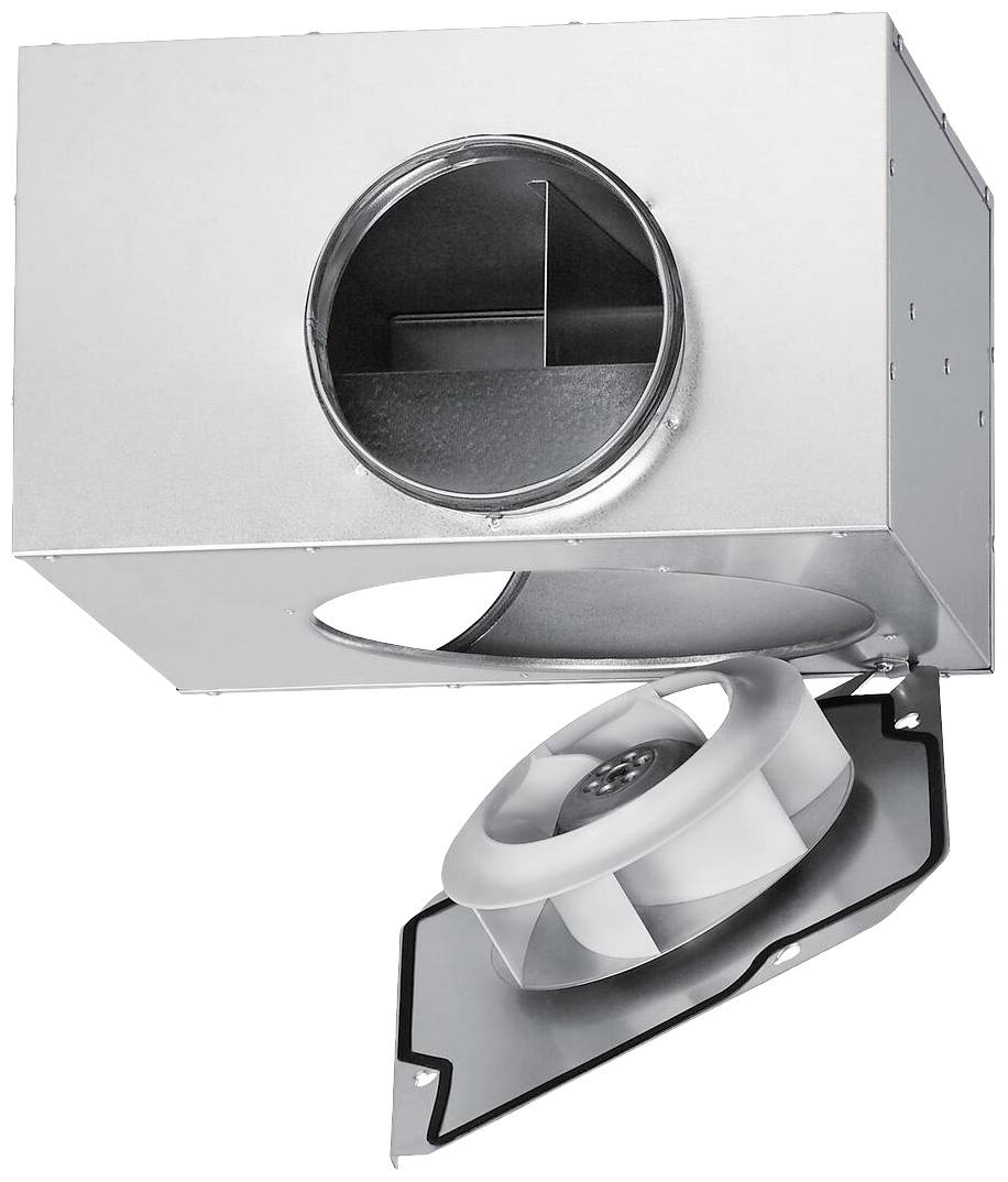 Metallischer Lüftungskasten mit herausnehmbaren Ventilator für Luftkanalinstallation, geeignet zur effizienten Luftzirkulation.