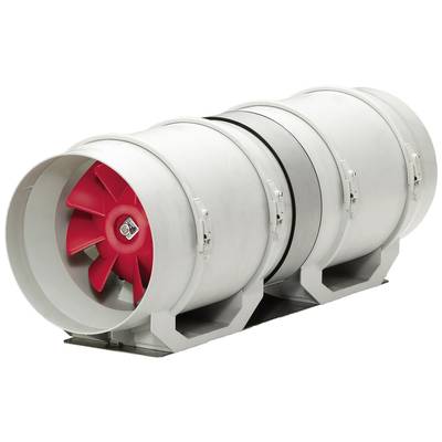 Ein grauer Rohrventilator mit rotem Rotor, montiert auf einem Gestell, verwendet zur Belüftung in industriellen Anwendungen.