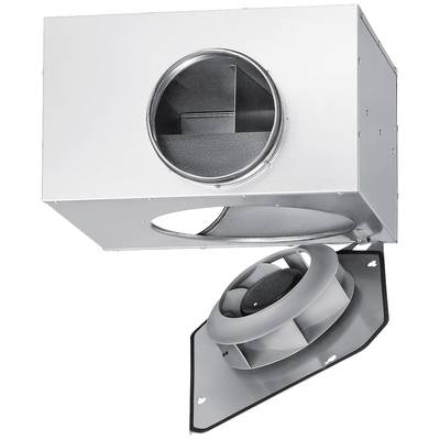 Lüftungssystem mit rechteckigem Metallgehäuse und rundem Einlass, darstellend ein abnehmbares Lüfterrad für Belüftung und Klimatisierung.