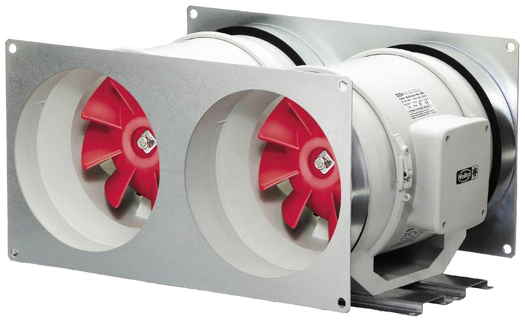 Ein weißer Doppellüfter mit roten Schaufeln, montiert in einem Metallrahmen. Geeignet für industrielle Belüftungssysteme.