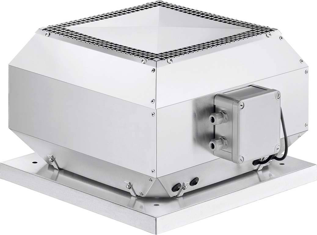 Ein quadratischer, silberner Lüftungsventilator mit Gitter oben, montiert auf einer Metallbasis, zeigt seitliche Anschlusskästen.