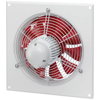 Ein roter Ventilator mit einem Schutzgitter an der Vorderseite, montiert auf einem weißen Rahmen.