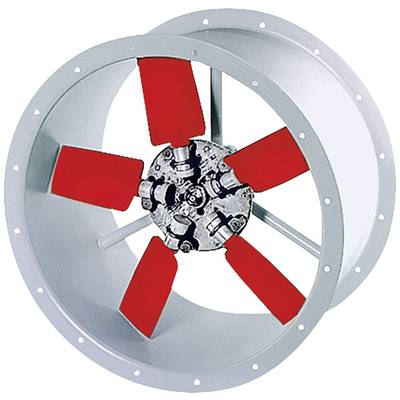 Industrieventilator mit fünf rot lackierten Schaufeln in einem zylindrischen Metallgehäuse, für Belüftungssysteme geeignet.