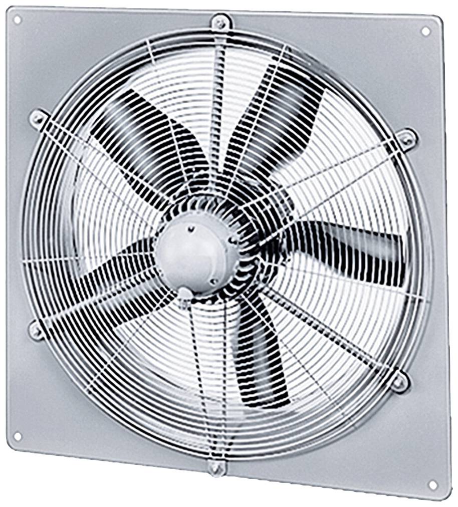 Ventilator mit sechs schwarzen Flügeln in einem quadratischen Metallrahmen, an einer Wand montiert, für industrielle Belüftung.