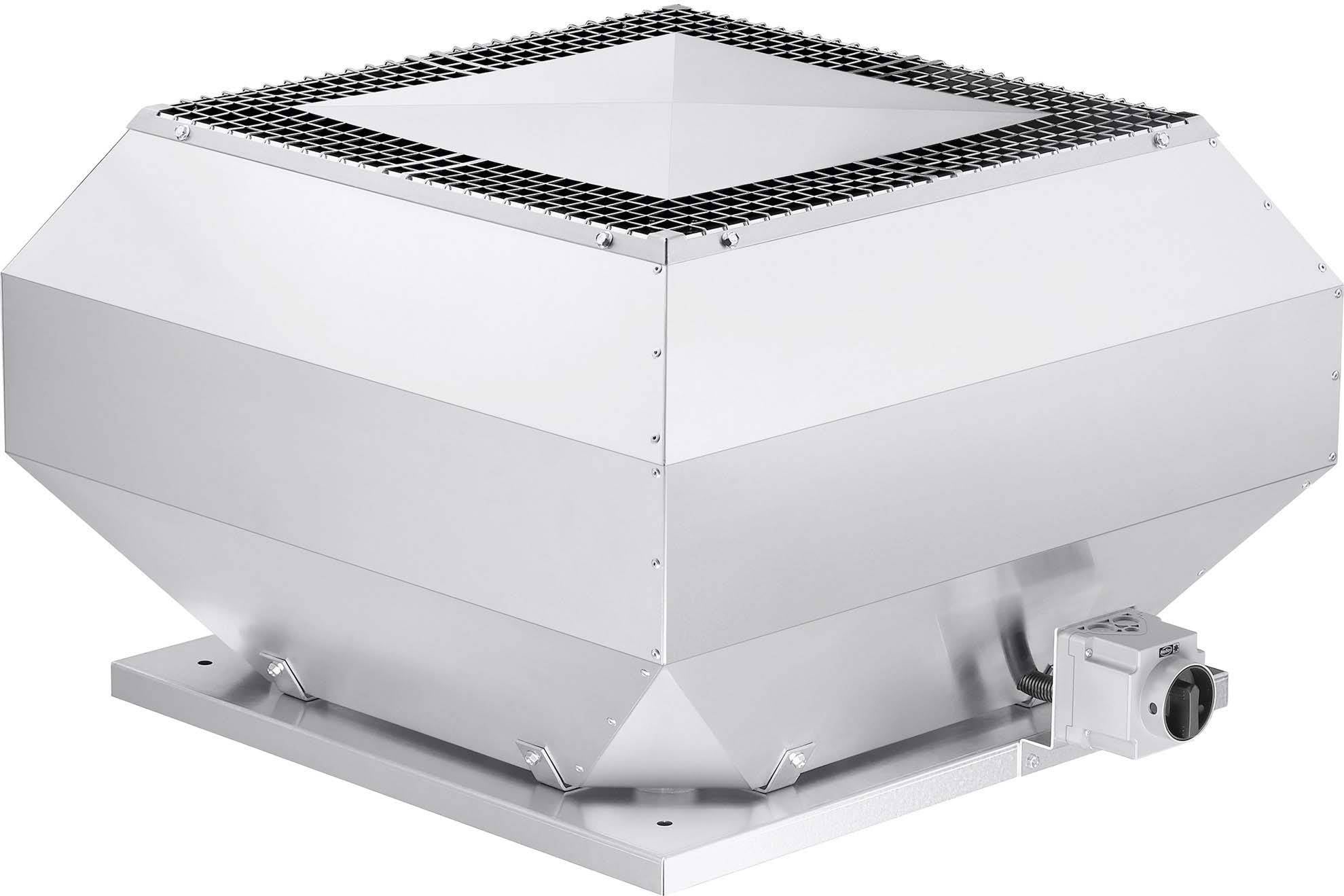 Ein silberner Dachventilator mit rechteckigem Gehäuse, das für die Belüftung auf Dächern genutzt wird.