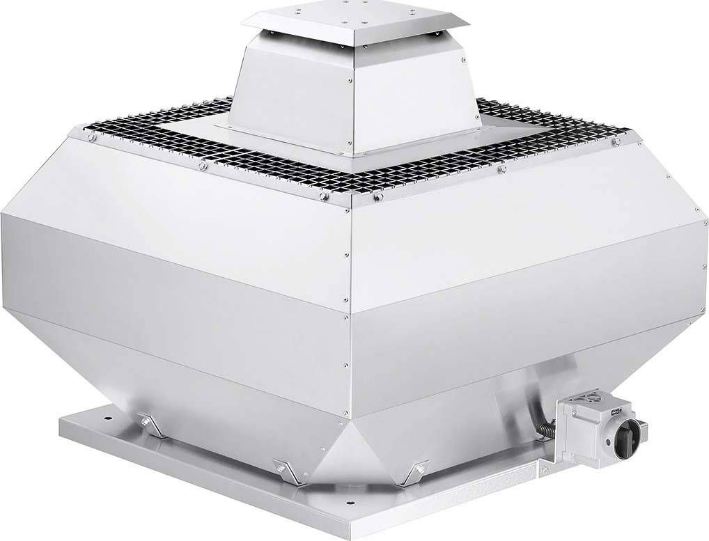 Industrie-Entlüfter aus Metall mit rechteckiger Form und Gitter oben. Ein kleiner Motor ist seitlich montiert.