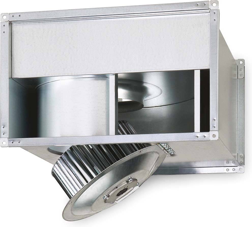 Metallischer Lüftungskasten mit eingebautem Ventilator, zeigt industrielle Belüftungsanwendungen.