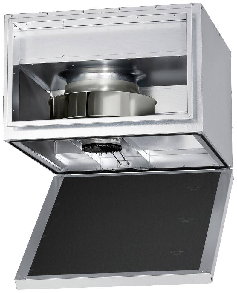 Metallene Lüftungseinheit mit offenem rechteckigem Gehäuse und sichtbarem Ventilator, geeignet für industrielle Anwendungen.