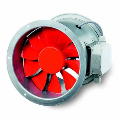 Industrieventilator mit rotem Rotor und Metallgehäuse, geeignet für industrielle Belüftungssysteme.
