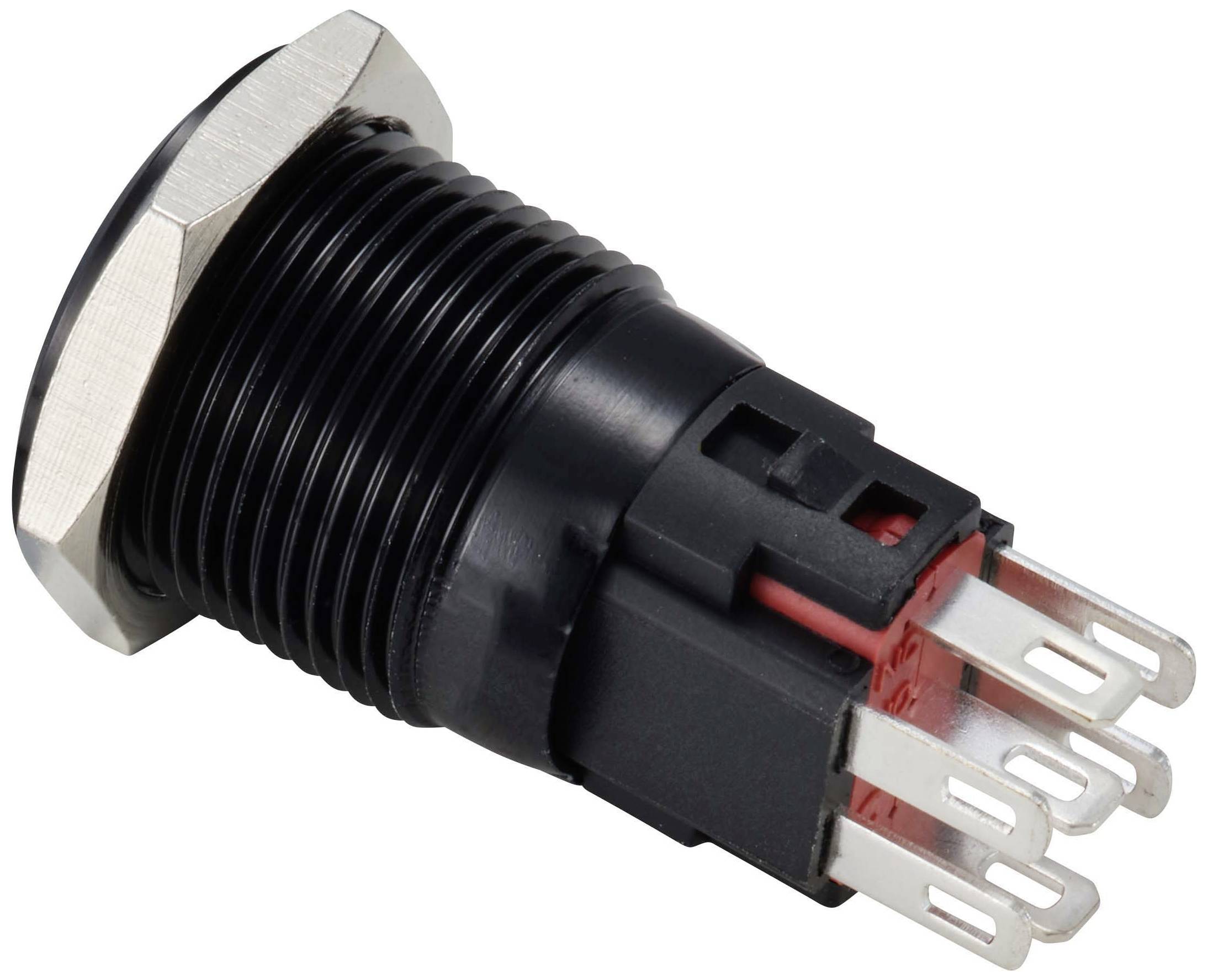 Ein schwarzer, zylindrischer Knopf mit silberner Sechskantmutter und sechs Metallkontakten; verwendet für elektronische Schaltungen.