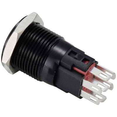 Ein schwarzer, zylindrischer Knopf mit silberner Sechskantmutter und sechs Metallkontakten; verwendet für elektronische Schaltungen.