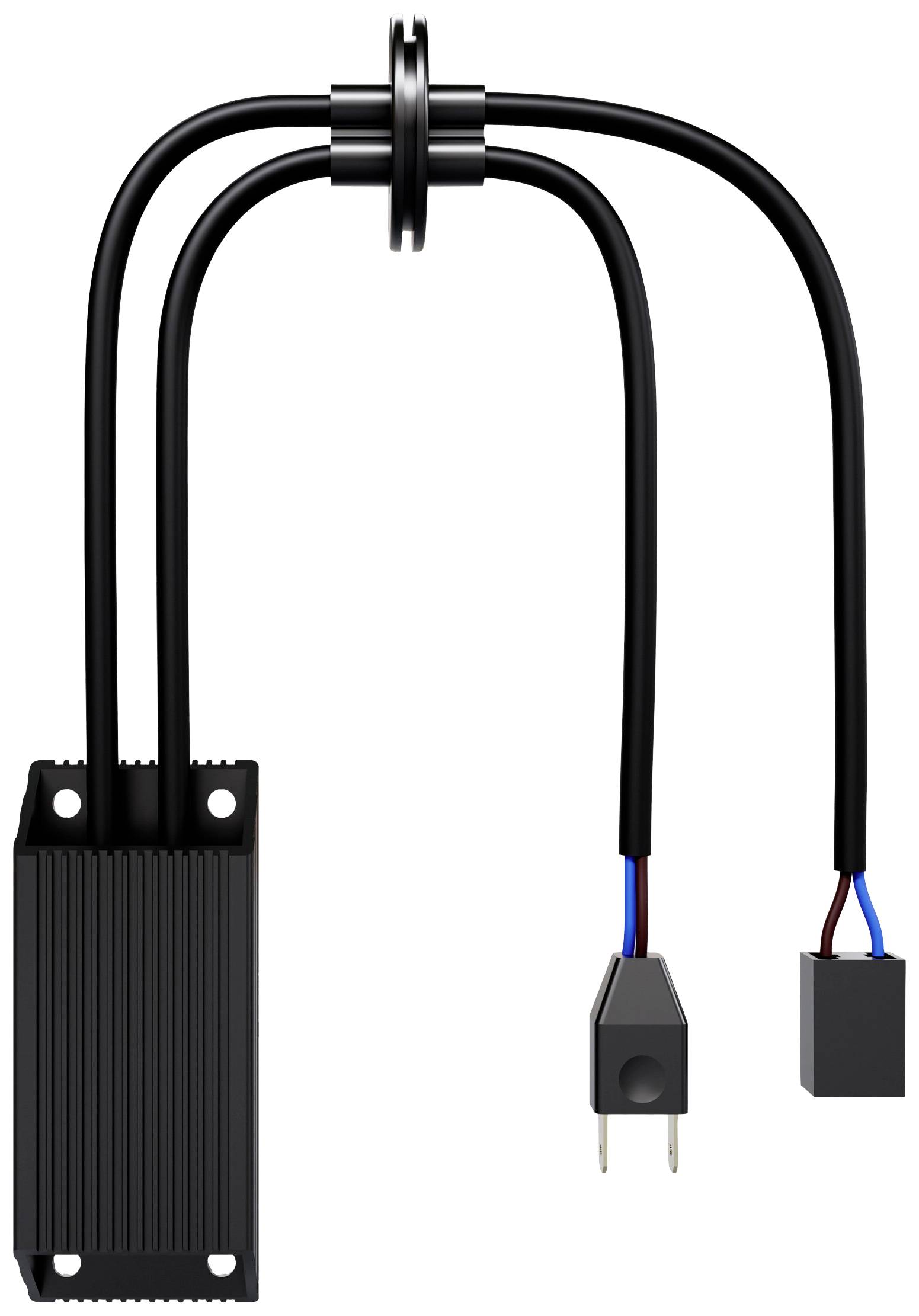 Elektronisches Bauteil mit zwei Kabelverbindungen und einem rechteckigen Gehäuse, vermutlich ein Spannungsregler oder ähnliches.