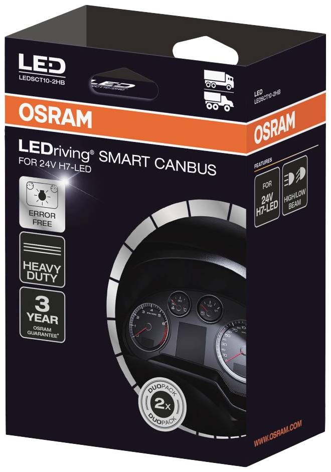 'Produktverpackung von OSRAM LEDriving SMART CANBUS für 24V H7-LED, mit Fehlerfrei- und Heavy-Duty-Features, 3 Jahre Garantie.'