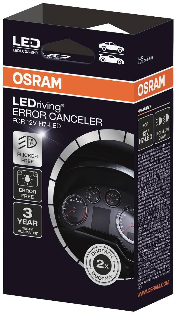 'OSRAM LEDriving Error Canceler für 12V H7-LEDs' Verpackung. Enthält Produktinformationen und technische Details, wie fehlerfreies System.