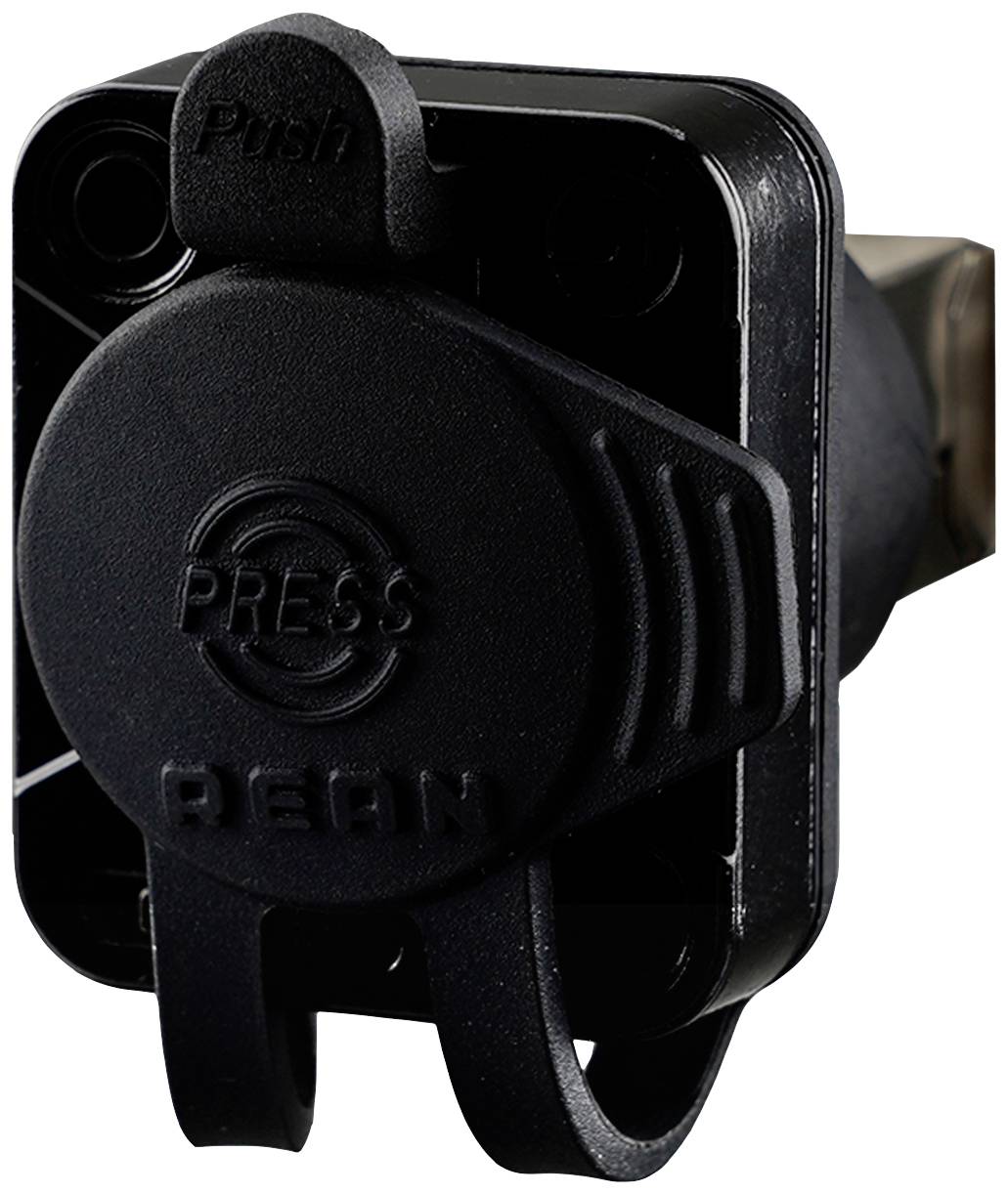 Schwarzer Audio-Stecker mit der Aufschrift 'Press'. Verpackt in einem Kunststoffgehäuse mit einer Push-Funktion auf der Oberseite.