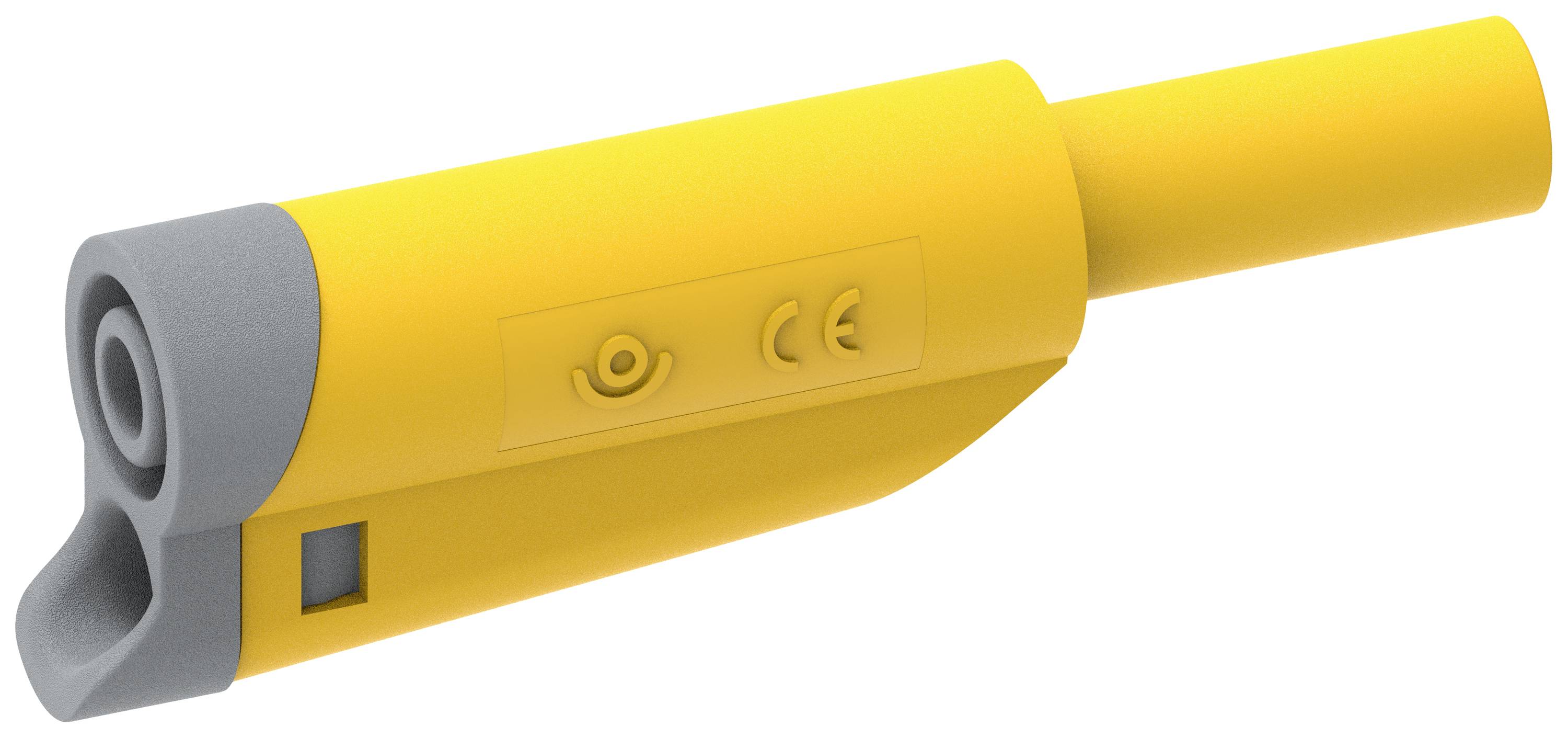 Ein gelbes Kunststoffwerkzeug mit grauem Griff. Es hat Symbole auf der Oberfläche, darunter ein 'CE'-Zeichen.