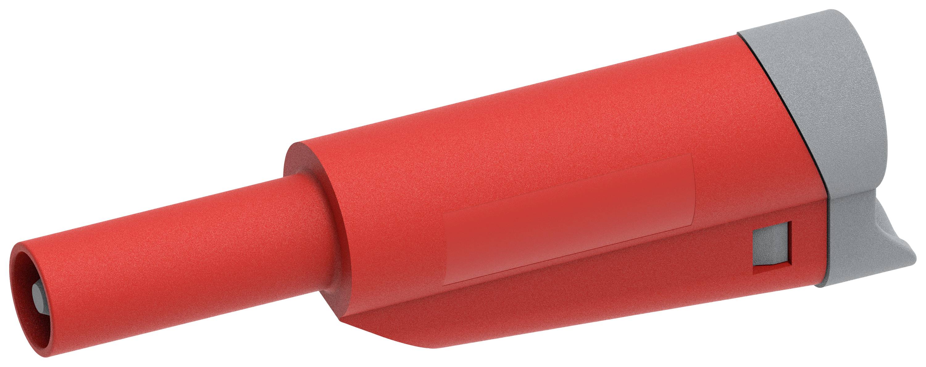 Roter Kunststoffdübel mit grauem Kopf, oft im Bauwesen zum Befestigen von Schrauben in Wänden verwendet, auf weißem Hintergrund.