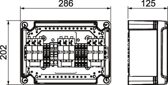 Technische Zeichnung eines rechteckigen elektrischen Geräts mit den Abmessungen 286x202 mm in der Ansicht von oben, 125 mm in der Seitenansicht.