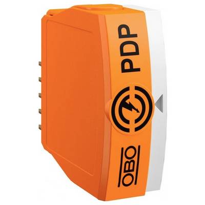 Orange-weiße Überspannungsschutzvorrichtung mit 'PDP'- und 'OBO'-Logos an der Seite, versehen mit einem Blitzsymbol.