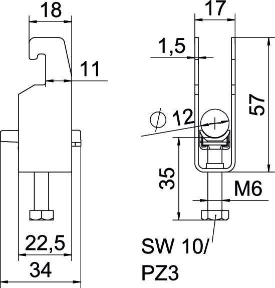 Technische Zeichnung einer Schraubbefestigung mit Maßen: Höhe 57, Breite 22,5, M6-Gewinde. Weitere Details: SW 10/PZ3, 35 mm Abstandshalter.