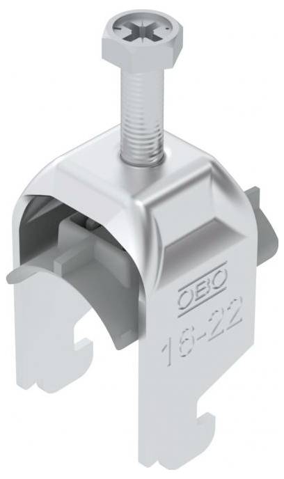 Eine Metallklemme mit einer Schraube oben, mit der Aufschrift 'OBO 16-22', zum Befestigen von Kabeln oder Rohren.