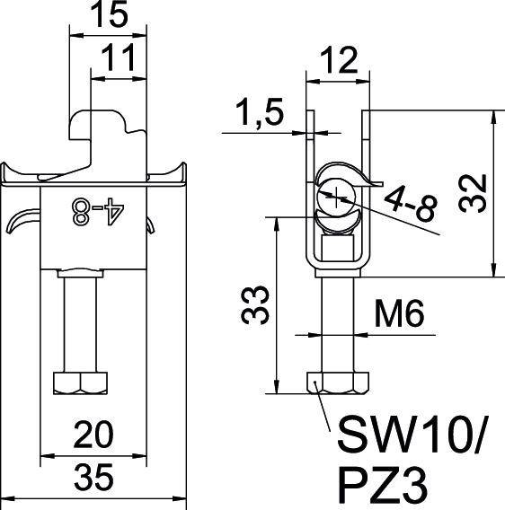Technische Zeichnung eines Bolzens mit Maßen: Höhe 35 mm, Breite 20 mm, Gewinde M6. Zusätzliche Details: SW10/PZ3.