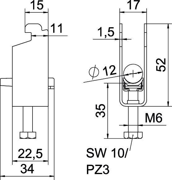Technische Zeichnung einer Halterung mit Maßen: Höhe 52 mm, Breite 34 mm, M6-Gewinde. Schraubenschlüsselgröße SW 10/PZ3.