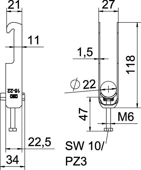 Technische Zeichnung eines Metallhakens mit Maßen. Der Haken ist 118 mm hoch, 34 mm tief. Verschiedene Breiten und Schraubengrößen angegeben.