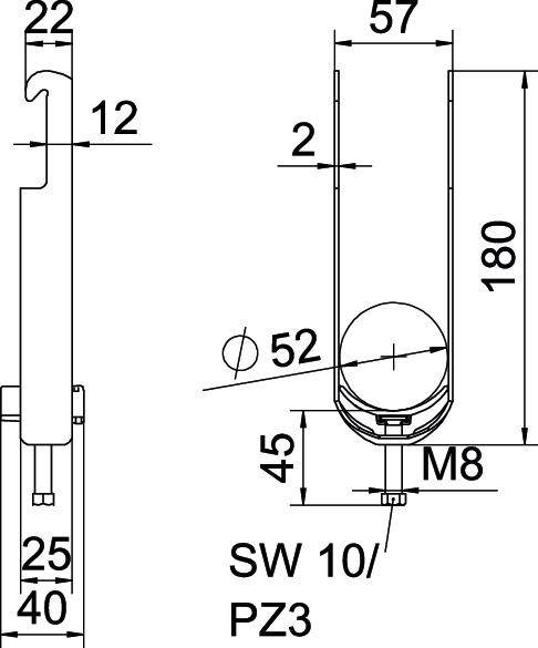 Technische Zeichnung eines Bauteils mit Abmessungen: Länge 180 mm, Breite 57 mm, M8 Verbindung, SW 10/PZ3.