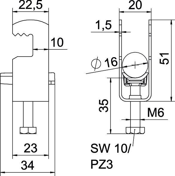 Technische Zeichnung einer Halterung mit Maßen und Schraubenangaben: 22,5 mm Breite, 35 mm Höhe, M6 Gewinde, SW 10/PZ3. Veranschaulicht Montagedetails.