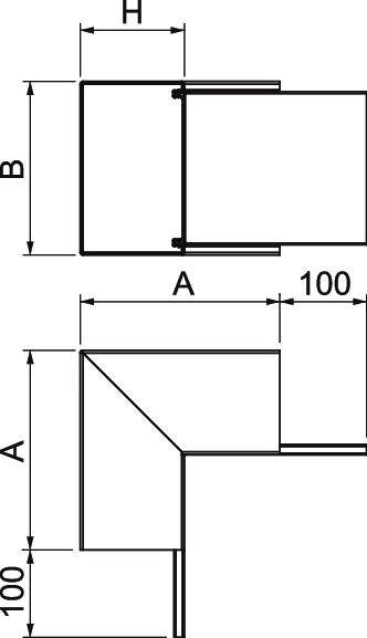 Technische Zeichnung eines Metallprofils mit Maßen A, B, H und 100 mm. Zeigt obere und seitliche Ansicht des Profilwinkels.