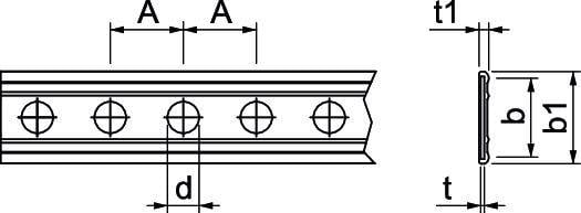 Technische Zeichnung einer Montageschiene mit Abmessungen. Zeigt Längen 'A', Lochdurchmesser 'd', sowie Breiten 'b' und 'b1' an.