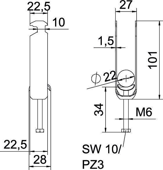 'Technische Zeichnung eines Schraubenschlüssels, Maße und Abmessungen: Länge 101 mm, Breite 22,5 mm, Schlüsselweite SW 10/PZ3.'