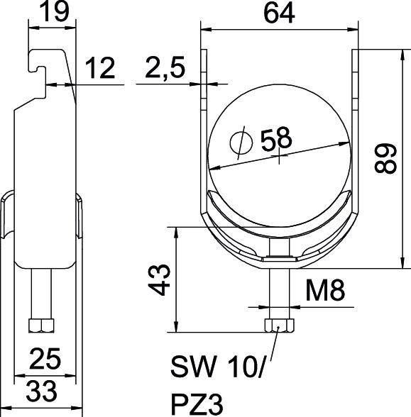 Technische Zeichnung eines Rades mit Maßen in Millimetern: Durchmesser 58, Gesamthöhe 89, Breite 64, Schraube M8, Schlüsselweite SW 10/PZ3.