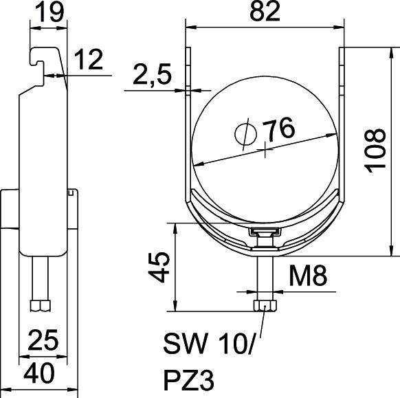 'Technische Zeichnung eines Teils, Seiten- und Frontalansicht. Maße: 108 mm Höhe, 76 mm Durchmesser, M8 Gewinde, SW 10/PZ3.'