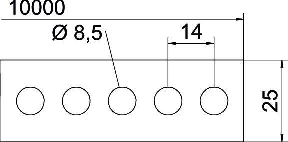 'Technische Zeichnung eines rechteckigen Bauteils mit fünf Löchern. Lochdurchmesser: Ø 8,5 mm; Lochabstand: 14 mm; Abmessungen: 10000 x 25 mm.'